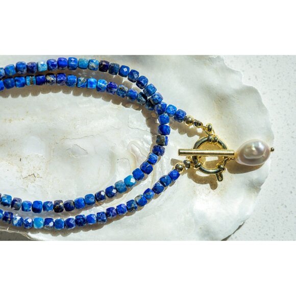 Blue and Gold Beaded Necklace with Pearl Pendant - Picture 9 of 10
